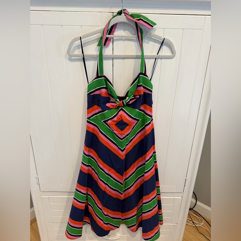 Trina Turk Navy Dress with Green, Pink and Orange Stripes